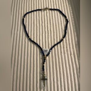 ESQUIRE BLUE TIGER EYE SKULL CROSS DAGGER ROSARY LARIAT NECKLACE 24” (J49)